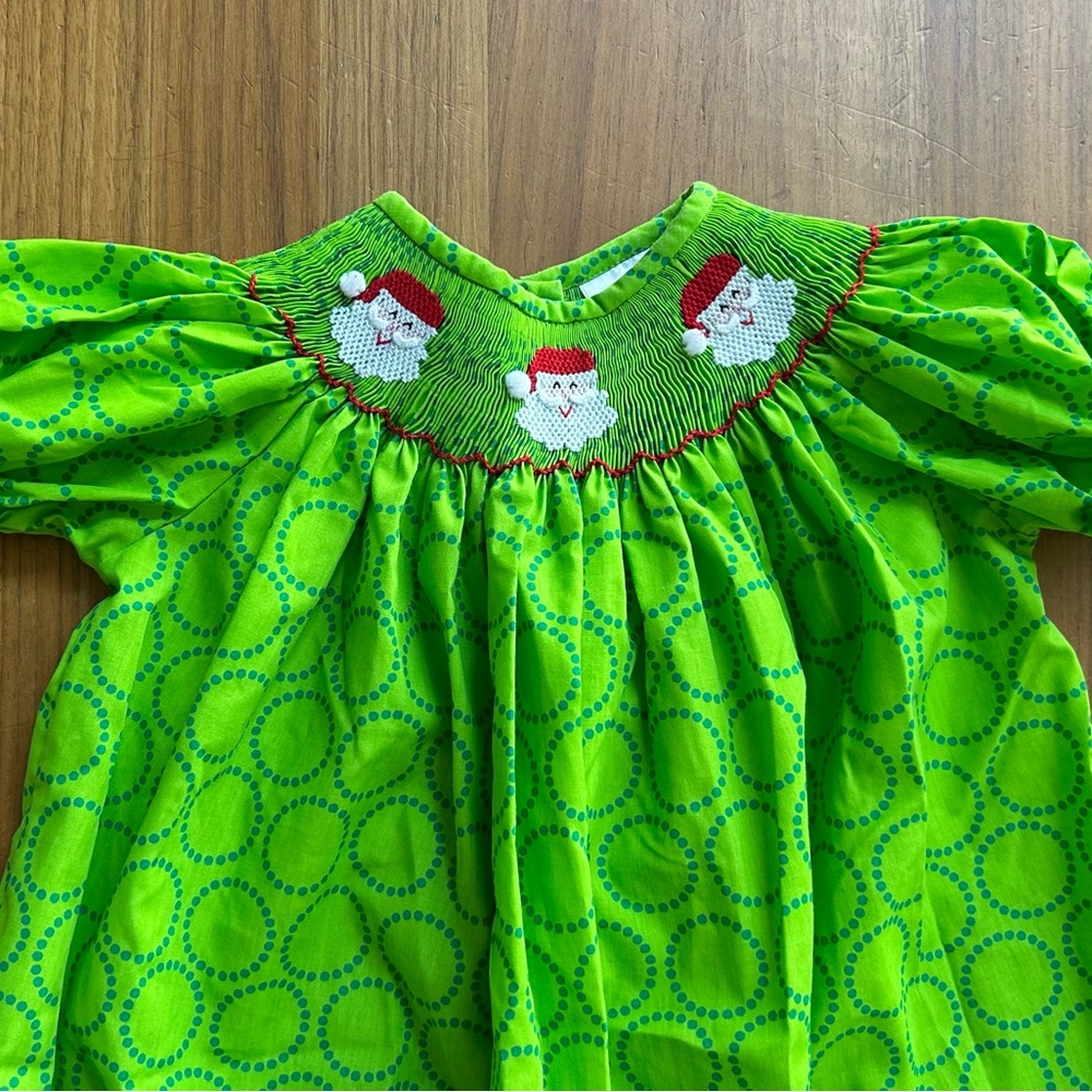 Lolly Wolly Doodle Lime Green & Red Smocked Christmas Santa Dress - Size 4T EUC